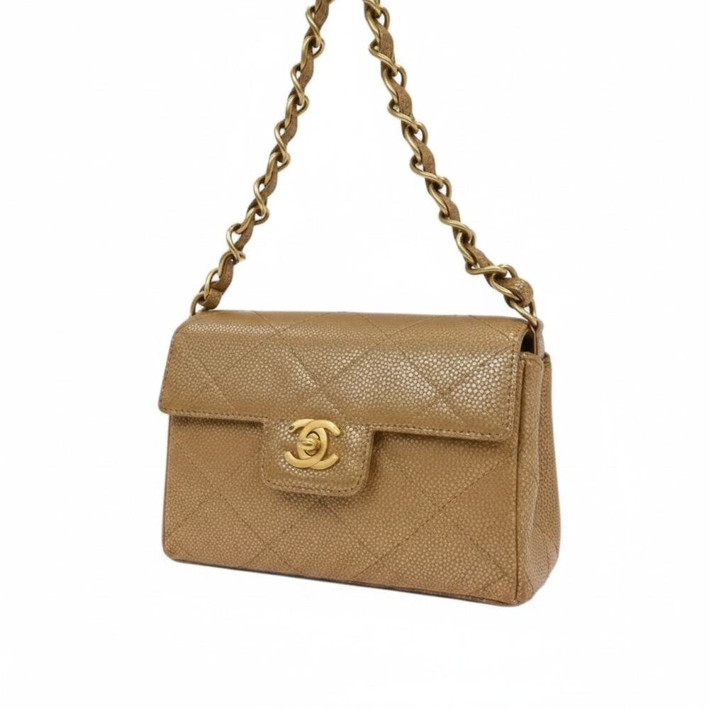 Rare CHANEL Quilted Caviar Shoulder Bag in Tan with 24k Gold Hardware